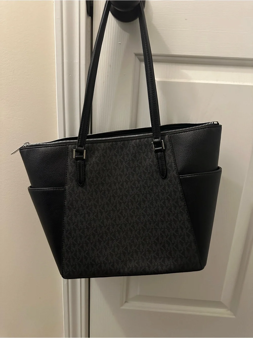 Michael Kors Black Monogram Tote with Silver MK Charm